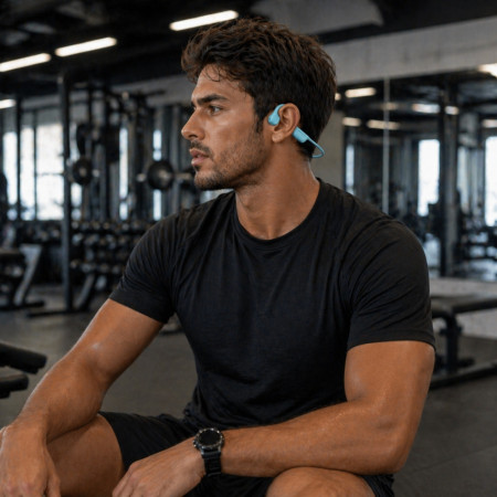 Casque à Conduction Osseuse Bluetooth 5.2 Bleu– Écouteurs Oreilles Libres pour Musique et Appels, Design Sport
