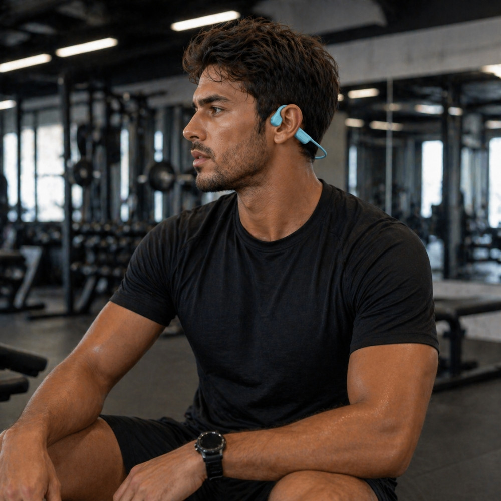 Casque à Conduction Osseuse Bluetooth 5.2 Bleu– Écouteurs Oreilles Libres pour Musique et Appels, Design Sport