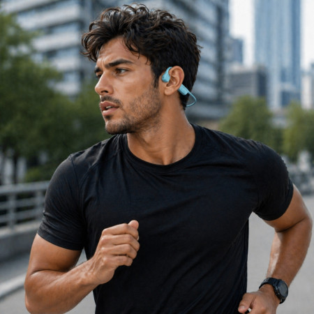 Casque à Conduction Osseuse Bluetooth 5.2 Bleu– Écouteurs Oreilles Libres pour Musique et Appels, Design Sport