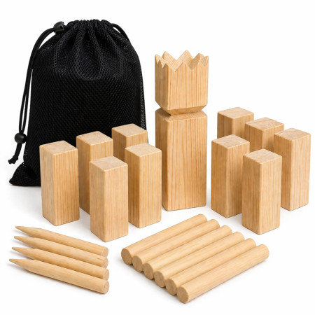 Jeu de Kubb en Bois 21 Pièces pour 2 à 12 Joueurs avec Filet de Rangement – Jeu d’Extérieur d’Adresse pour Jardin
