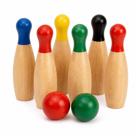 Jeu de 6 Quilles Colorées en Bois 20 cm avec 2 Boules 5 cm – Jeu d’Adresse Extérieur pour Jardin, Famille et Loisirs