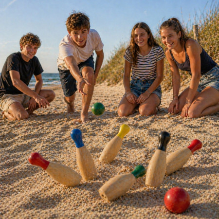 Jeu de 6 Quilles Colorées en Bois 20 cm avec 2 Boules 5 cm – Jeu d’Adresse Extérieur pour Jardin, Famille et Loisirs