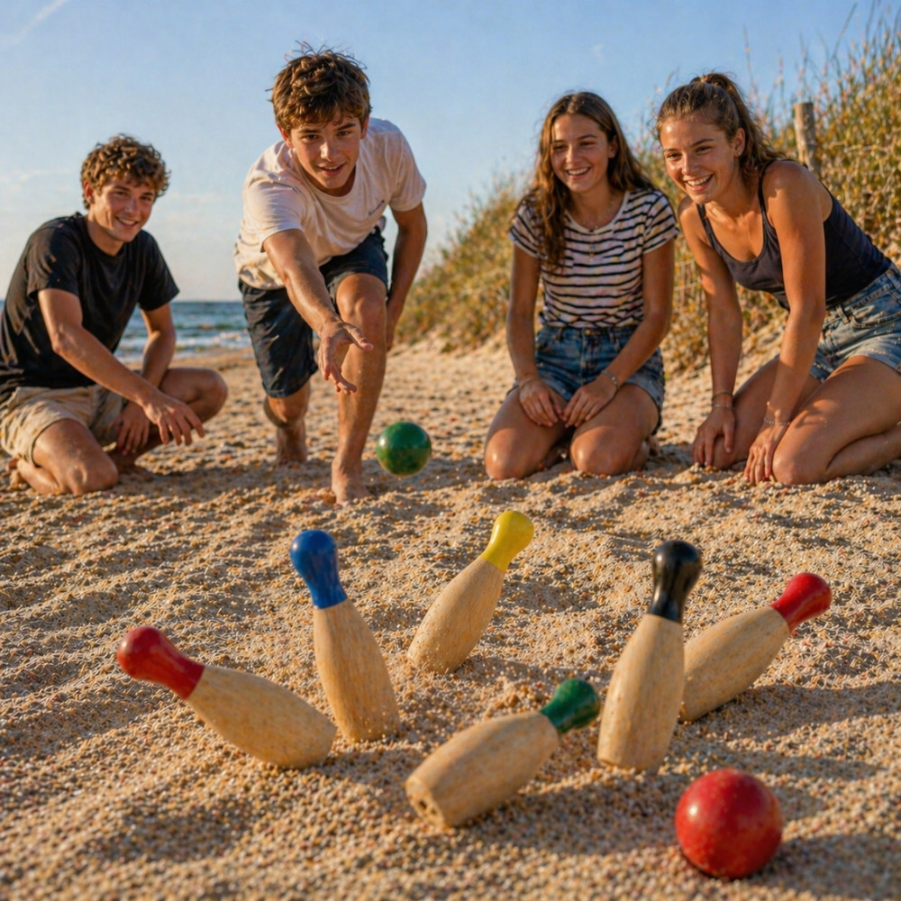 Jeu de 6 Quilles Colorées en Bois 20 cm avec 2 Boules 5 cm – Jeu d’Adresse Extérieur pour Jardin, Famille et Loisirs