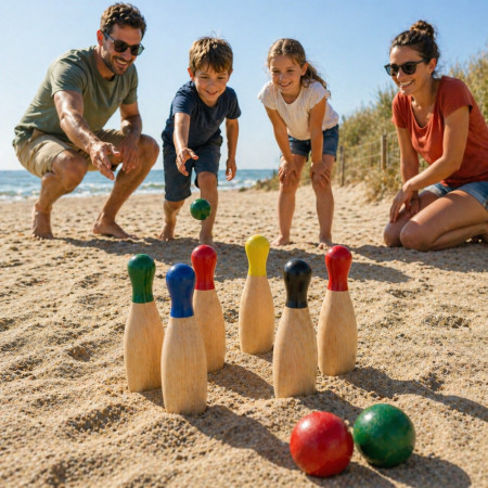 Jeu de 6 Quilles Colorées en Bois 20 cm avec 2 Boules 5 cm – Jeu d’Adresse Extérieur pour Jardin, Famille et Loisirs