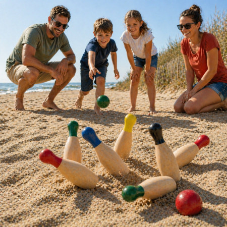Jeu de 6 Quilles Colorées en Bois 20 cm avec 2 Boules 5 cm – Jeu d’Adresse Extérieur pour Jardin, Famille et Loisirs