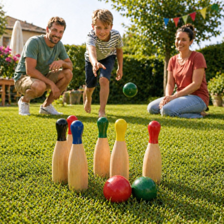 Jeu de 6 Quilles Colorées en Bois 20 cm avec 2 Boules 5 cm – Jeu d’Adresse Extérieur pour Jardin, Famille et Loisirs