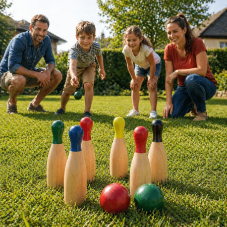 Jeu de 6 Quilles Colorées en Bois 20 cm avec 2 Boules 5 cm – Jeu d’Adresse Extérieur pour Jardin, Famille et Loisirs