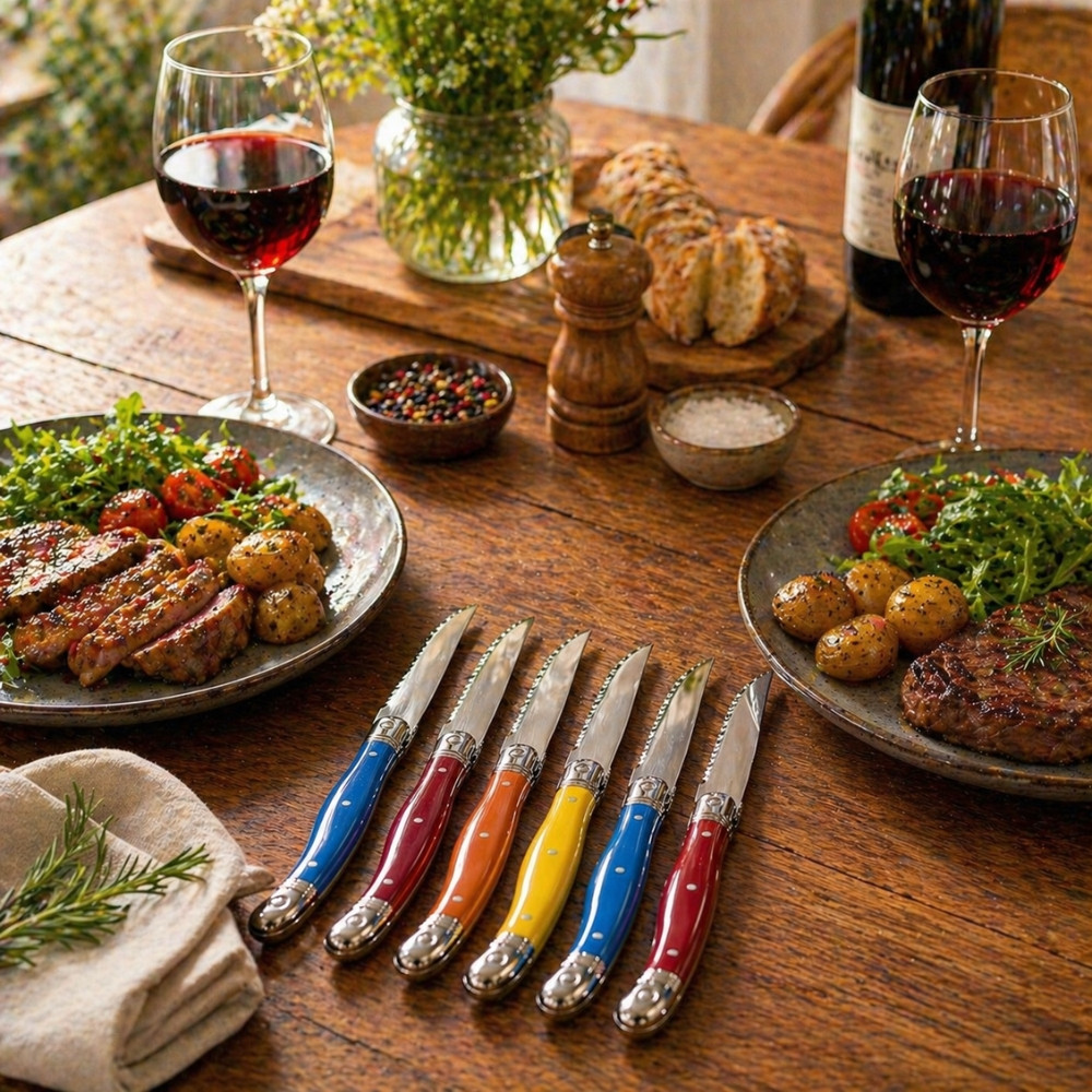 Set de 6 Couteaux de Table 23 cm à Manches Colorés – Couteaux de Cuisine pour Repas Quotidien