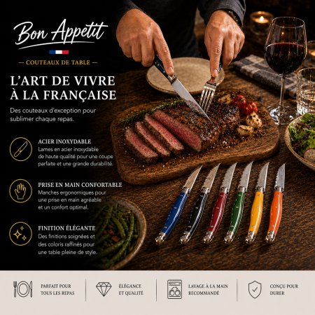 Set de 6 Couteaux de Table 23 cm à Manches Colorés – Couteaux de Cuisine pour Repas Quotidien