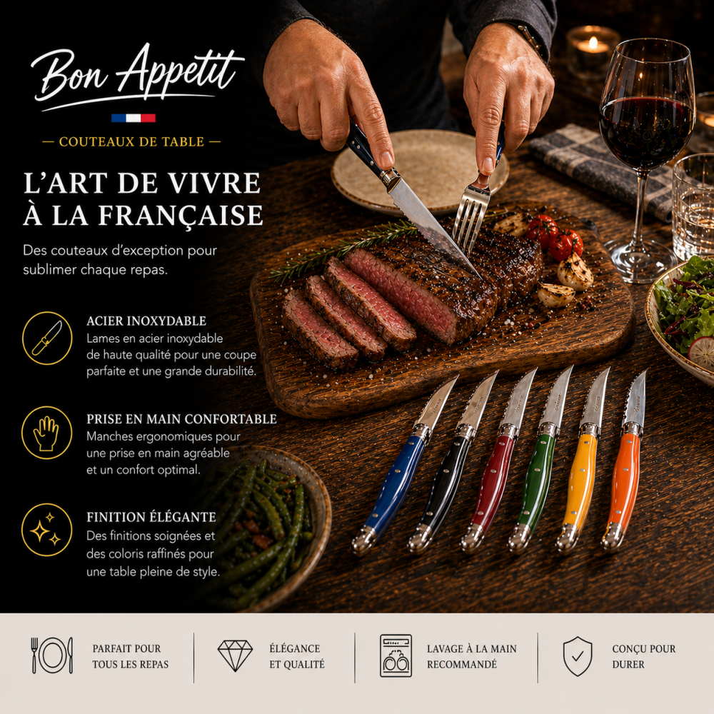Set de 6 Couteaux de Table 23 cm à Manches Colorés – Couteaux de Cuisine pour Repas Quotidien