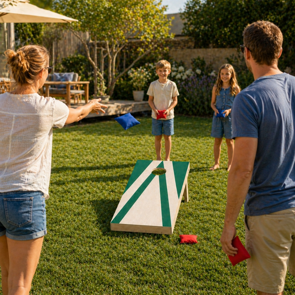 CORNHOLE- Jeu de Cornhole en Bois – Planche + 8 Sacs Colorés | Jeu d’Adresse Extérieur pour Jardin & Famille