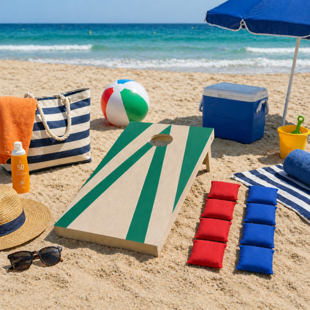 CORNHOLE- Jeu de Cornhole en Bois – Planche + 8 Sacs Colorés | Jeu d’Adresse Extérieur pour Jardin & Famille