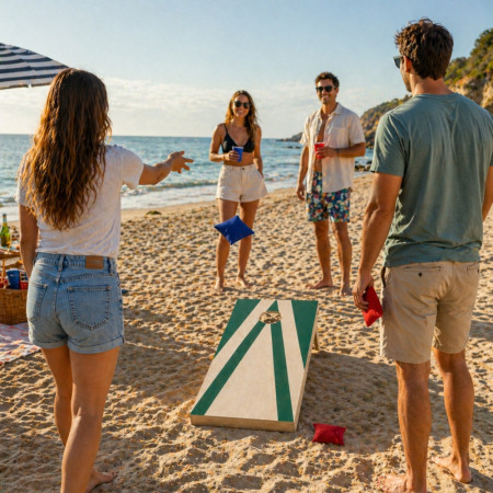 CORNHOLE- Jeu de Cornhole en Bois – Planche + 8 Sacs Colorés | Jeu d’Adresse Extérieur pour Jardin & Famille