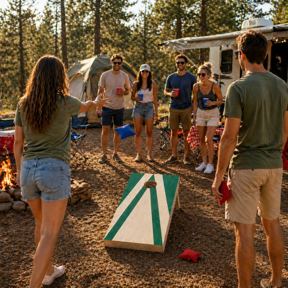 CORNHOLE- Jeu de Cornhole en Bois – Planche + 8 Sacs Colorés | Jeu d’Adresse Extérieur pour Jardin & Famille