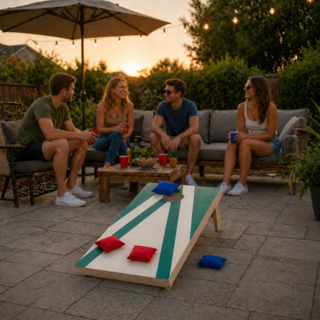 CORNHOLE- Jeu de Cornhole en Bois – Planche + 8 Sacs Colorés | Jeu d’Adresse Extérieur pour Jardin & Famille