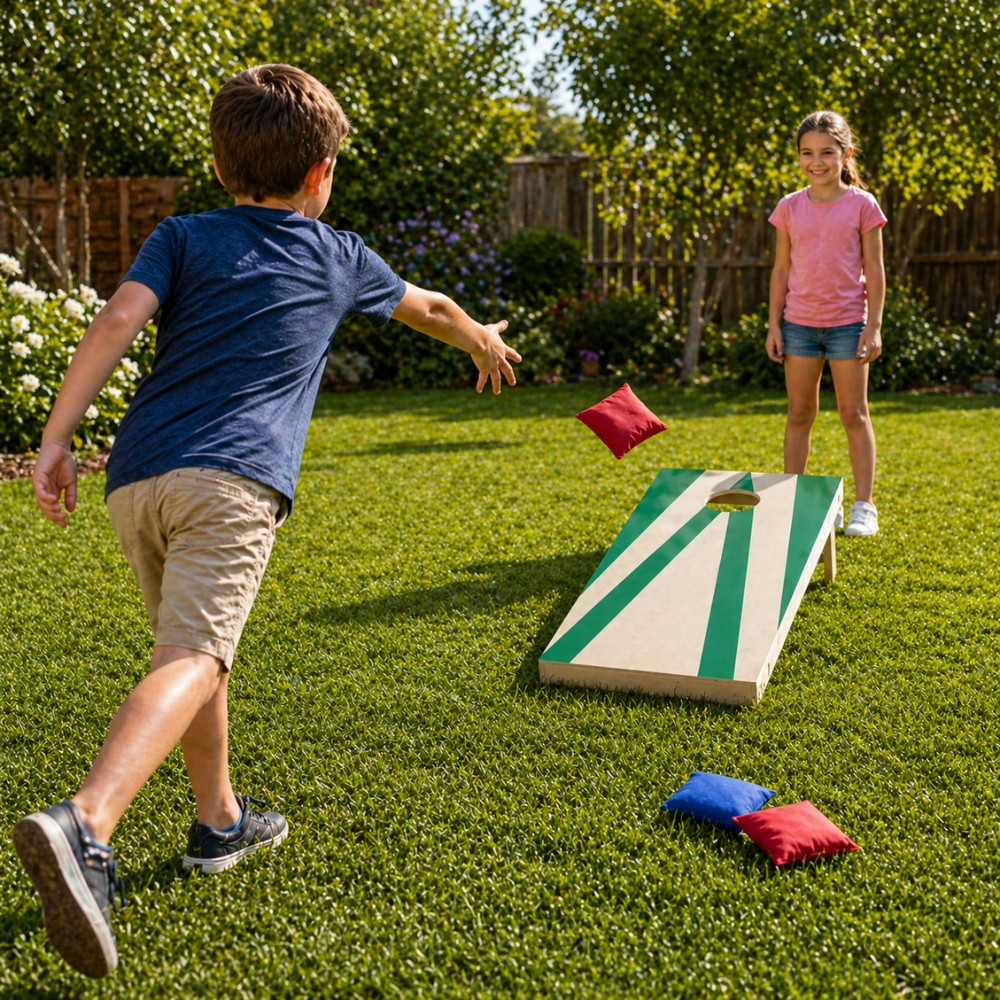 CORNHOLE- Jeu de Cornhole en Bois – Planche + 8 Sacs Colorés | Jeu d’Adresse Extérieur pour Jardin & Famille