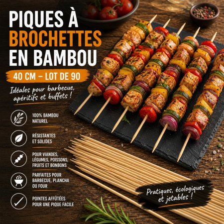Set de 90 Piques à Brochettes en Bambou 40 cm pour Barbecue et Apéritif – Bâtonnets de Cuisson pour Grill, Viande..