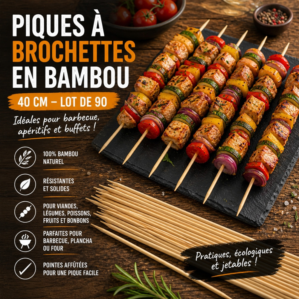 Set de 90 Piques à Brochettes en Bambou 40 cm pour Barbecue et Apéritif – Bâtonnets de Cuisson pour Grill, Viande..