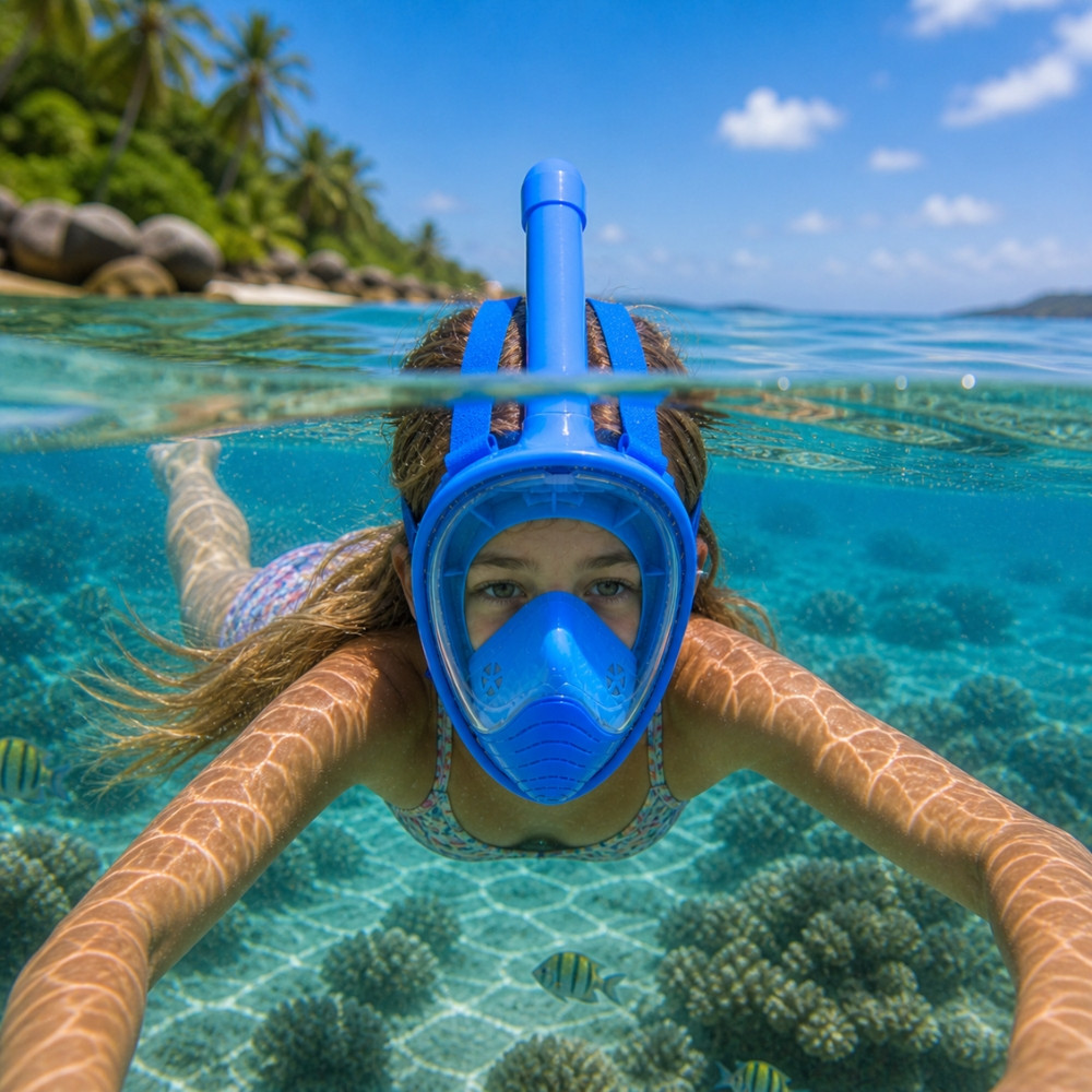 SNORKMASK-Masque de Plongée Full Face Enfant 6-12 Ans Anti-Buée Snorkeling Sangles Réglables Confortables Noir ou Bleu