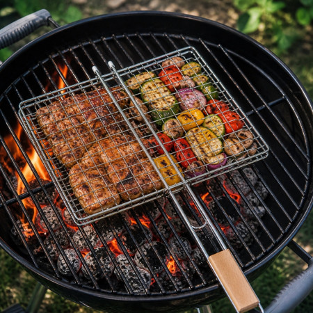 Set de 2 Double Grilles Barbecue Acier Chromé Carré 25x25 cm – Accessoires de Cuisson pour Grill, Viande et Légumes