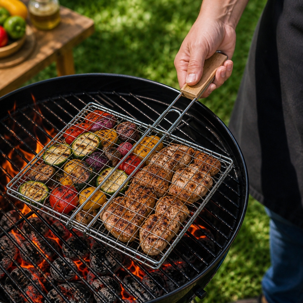 Set de 2 Double Grilles Barbecue Acier Chromé Carré 25x25 cm – Accessoires de Cuisson pour Grill, Viande et Légumes