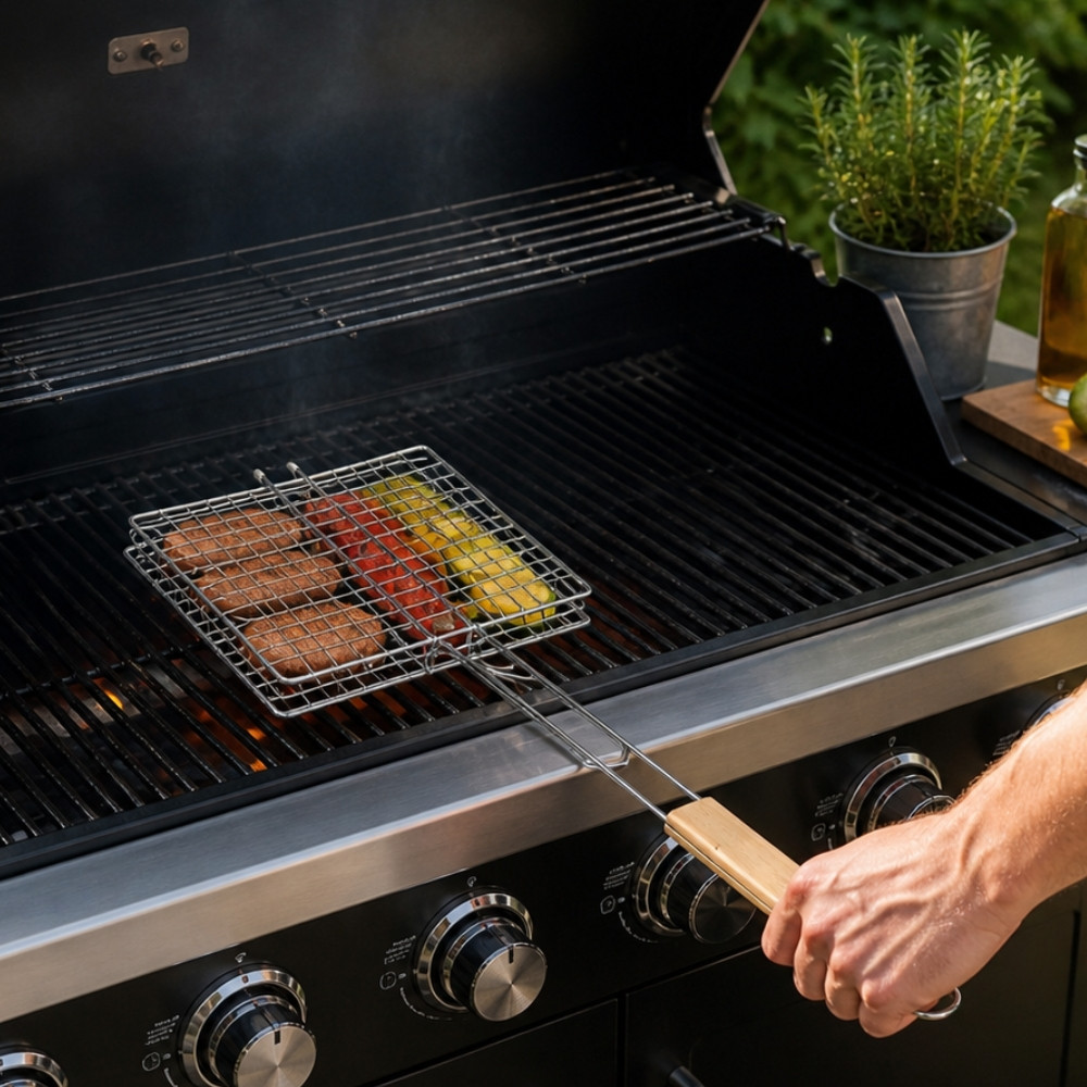 Set de 2 Double Grilles Barbecue Acier Chromé Carré 25x25 cm – Accessoires de Cuisson pour Grill, Viande et Légumes