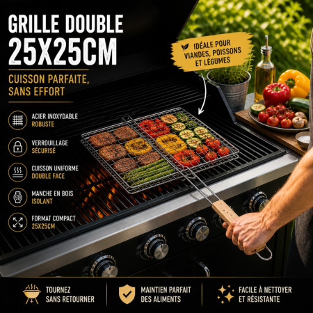 Set de 2 Double Grilles Barbecue Acier Chromé Carré 25x25 cm – Accessoires de Cuisson pour Grill, Viande et Légumes