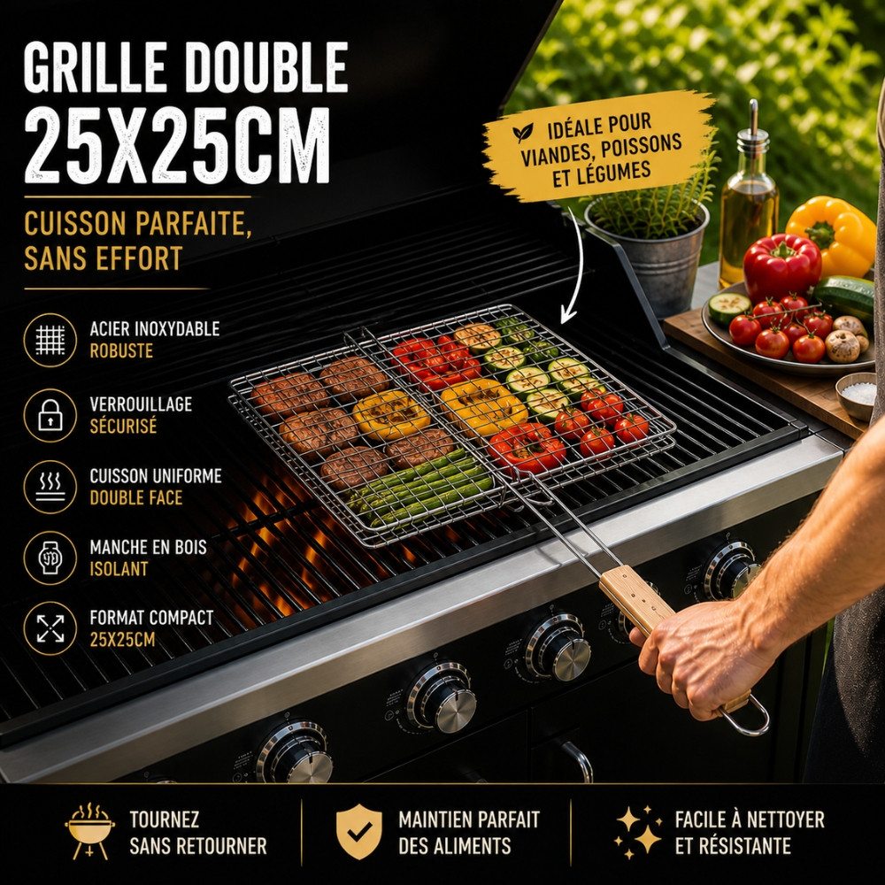 Set de 2 Double Grilles Barbecue Acier Chromé Carré 25x25 cm – Accessoires de Cuisson pour Grill, Viande et Légumes
