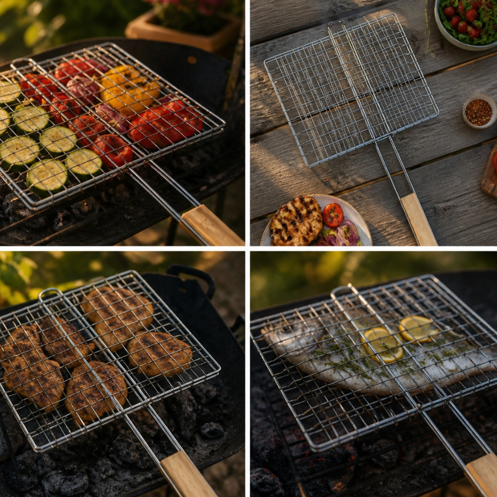 Set de 2 Double Grilles Barbecue Acier Chromé Carré 25x25 cm – Accessoires de Cuisson pour Grill, Viande et Légumes