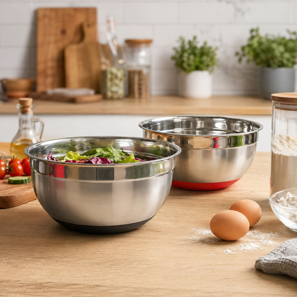 Set de 2 Saladiers Inox 24 cm 2,5 L avec Base Antidérapante – Bols de Cuisine Empilables en Acier Inoxydable pour Mélange