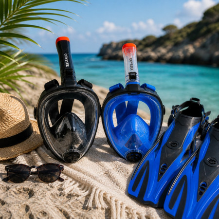 SNORKMASK_SM - Masque de plongée full face adulte S-M anti-buée, vision panoramique, noir ou bleu