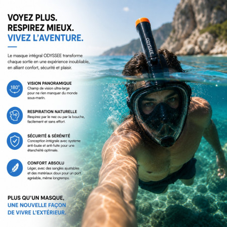 SNORKMASK_SM - Masque de plongée full face adulte S-M anti-buée, vision panoramique, noir ou bleu