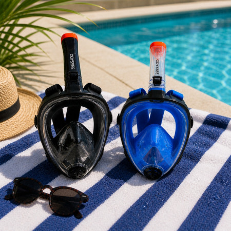 SNORKMASK_SM - Masque de plongée full face adulte S-M anti-buée, vision panoramique, noir ou bleu