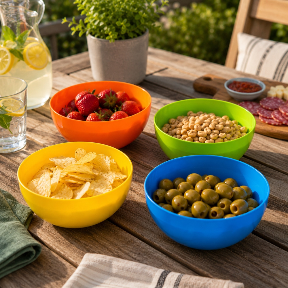 Set de 4 Bols Plastiques Colorés 15 cm pour Apéro et Barbecue – Bols Réutilisables Légers pour Snacks, Sauce, Pique Nique