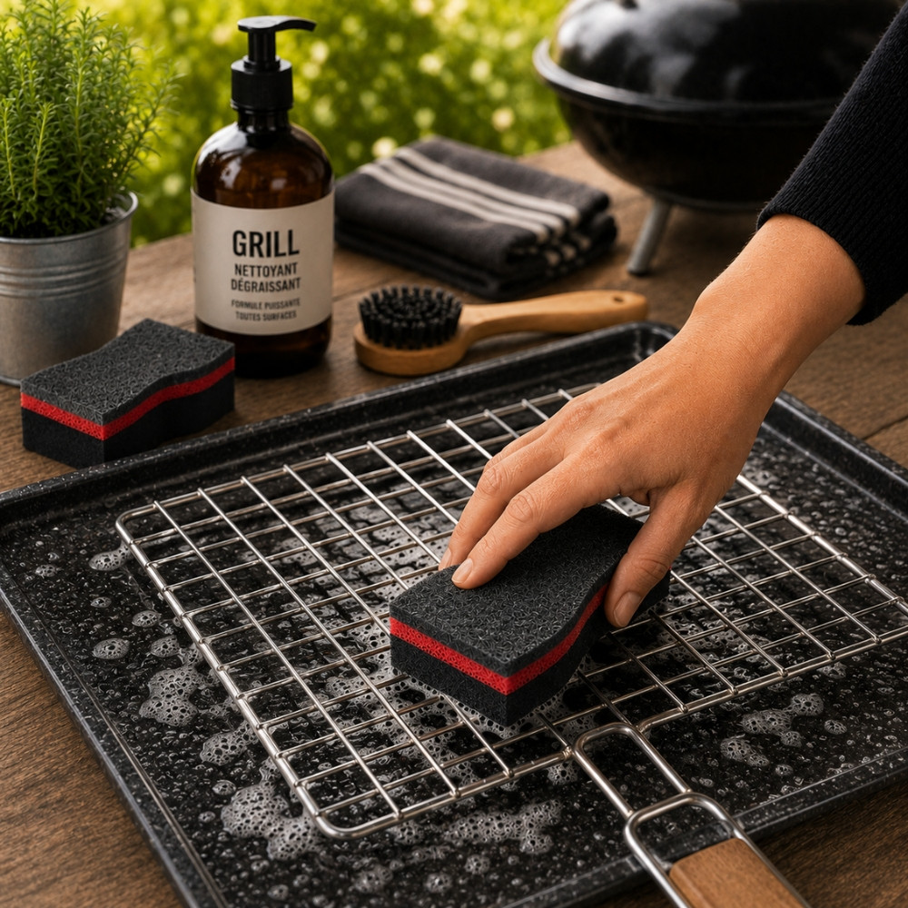 BBQSPONGE - Set de 6 Éponges Barbecue Double Face - Nettoyage Grill, Grille, Couvercle et Plancha Absorbantes Durables