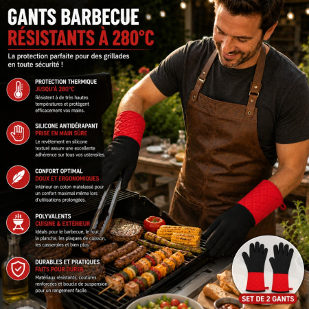 Set de 2 Gants Barbecue Résistants à la Chaleur 280° Coton et Silicone Antidérapant – Gants Cuisine pour Grill, Four et Plancha