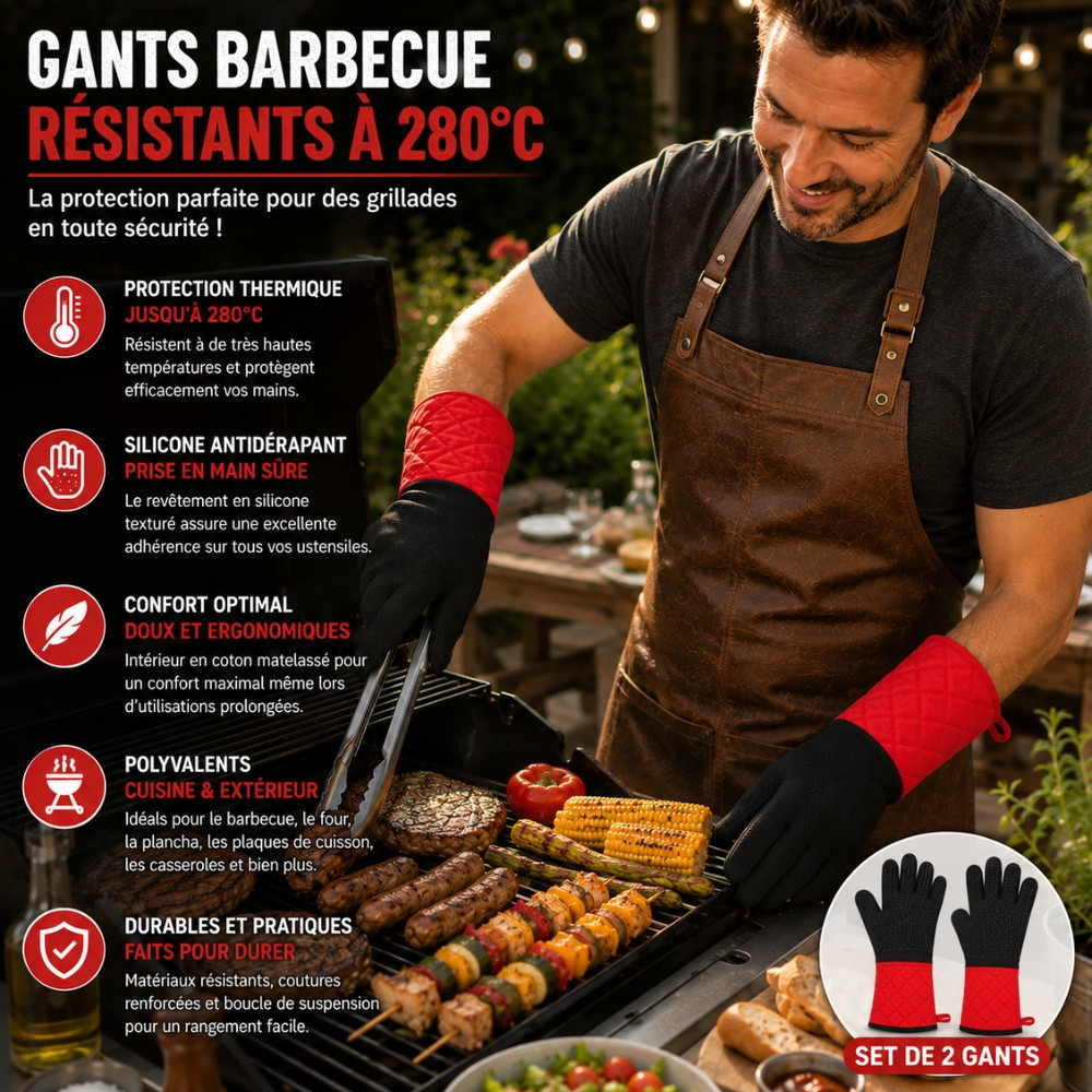Set de 2 Gants Barbecue Résistants à la Chaleur 280° Coton et Silicone Antidérapant – Gants Cuisine pour Grill, Four et Plancha