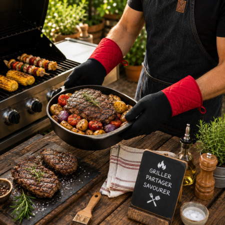Set de 2 Gants Barbecue Résistants à la Chaleur 280° Coton et Silicone Antidérapant – Gants Cuisine pour Grill, Four et Plancha