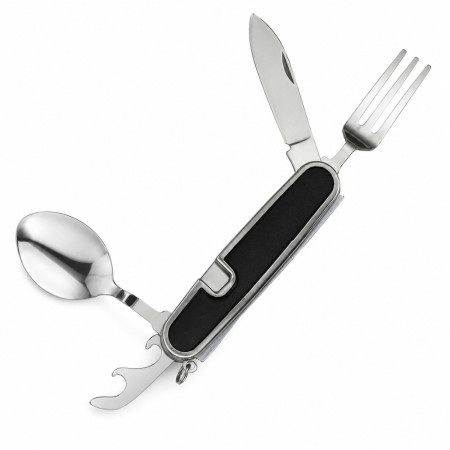 SMALLCUT - Couteau Pliable 4 en 1 9 cm avec Fourchette, Cuillère et Décapsuleur pour Camping & Randonnée