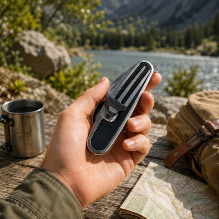 SMALLCUT - Couteau Pliable 4 en 1 9 cm avec Fourchette, Cuillère et Décapsuleur pour Camping & Randonnée