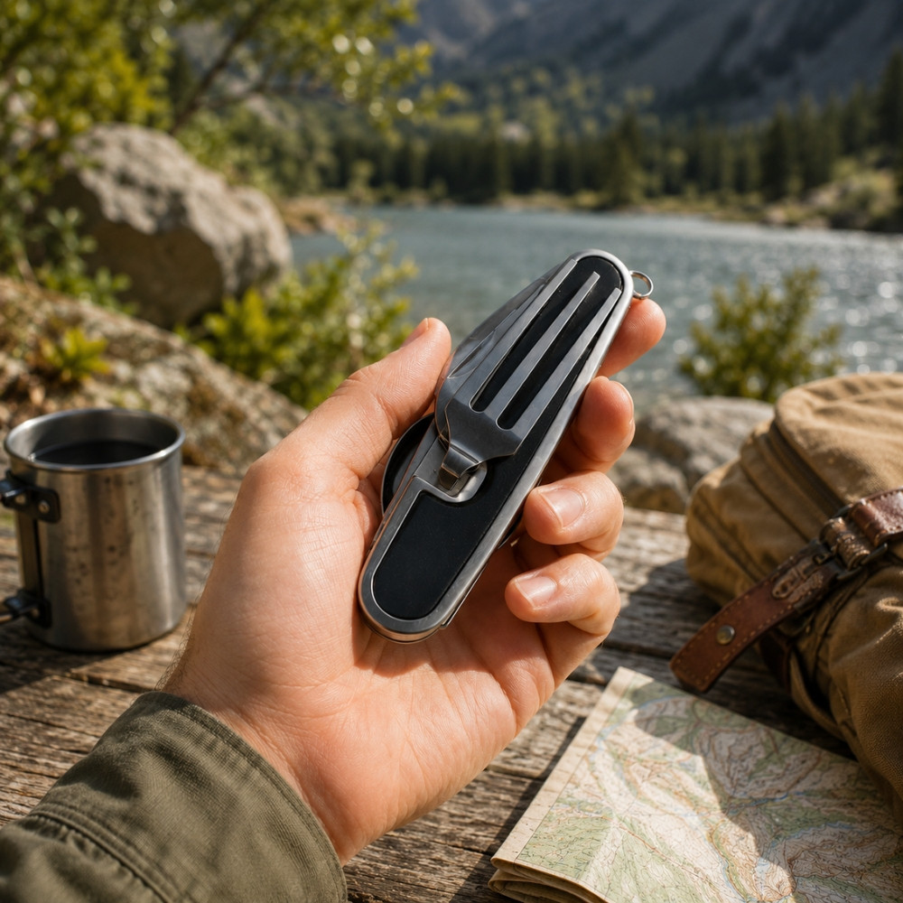 SMALLCUT - Couteau Pliable 4 en 1 9 cm avec Fourchette, Cuillère et Décapsuleur pour Camping & Randonnée