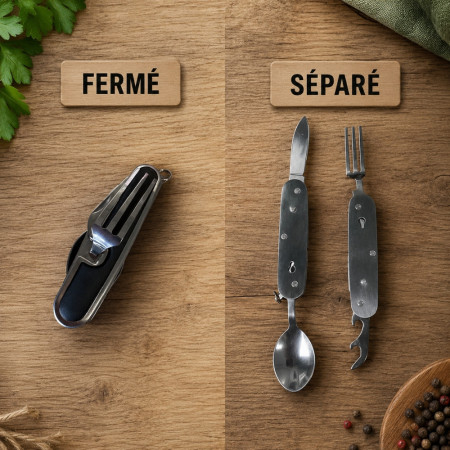 SMALLCUT - Couteau Pliable 4 en 1 9 cm avec Fourchette, Cuillère et Décapsuleur pour Camping & Randonnée