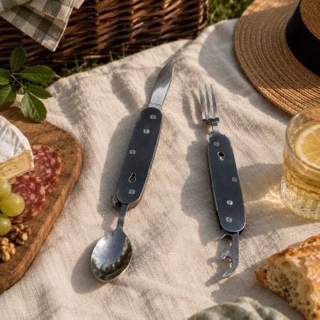 SMALLCUT - Couteau Pliable 4 en 1 9 cm avec Fourchette, Cuillère et Décapsuleur pour Camping & Randonnée
