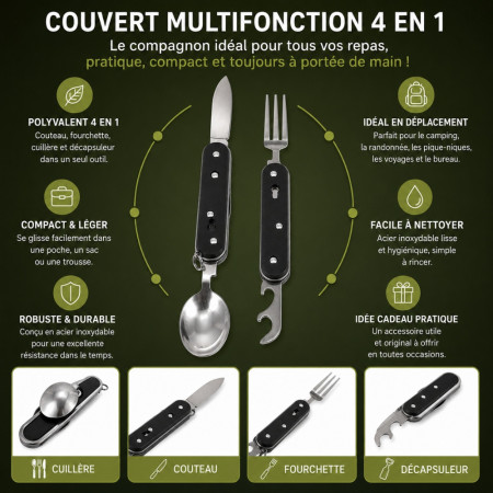 SMALLCUT - Couteau Pliable 4 en 1 9 cm avec Fourchette, Cuillère et Décapsuleur pour Camping & Randonnée