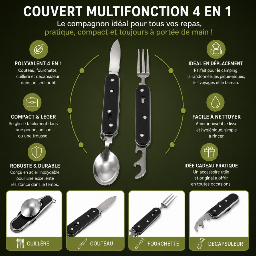 SMALLCUT - Couteau Pliable 4 en 1 9 cm avec Fourchette, Cuillère et Décapsuleur pour Camping & Randonnée