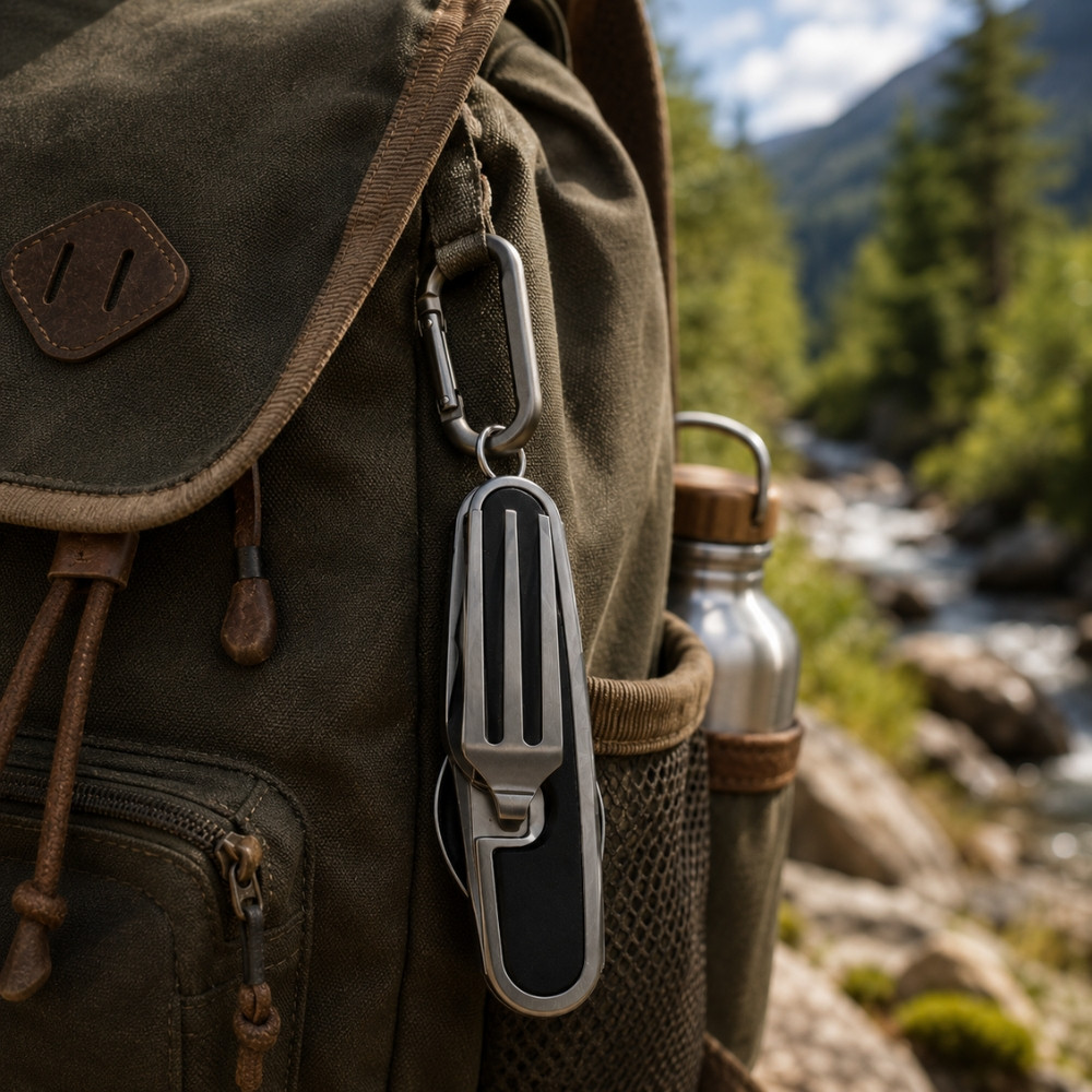 SMALLCUT - Couteau Pliable 4 en 1 9 cm avec Fourchette, Cuillère et Décapsuleur pour Camping & Randonnée