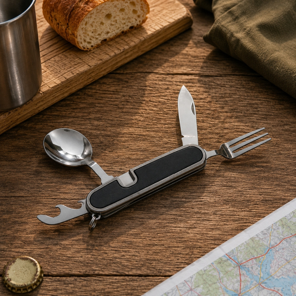 SMALLCUT - Couteau Pliable 4 en 1 9 cm avec Fourchette, Cuillère et Décapsuleur pour Camping & Randonnée