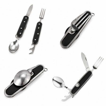 SMALLCUT - Couteau Pliable 4 en 1 9 cm avec Fourchette, Cuillère et Décapsuleur pour Camping & Randonnée