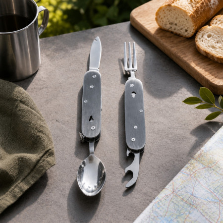 SMALLCUT - Couteau Pliable 4 en 1 9 cm avec Fourchette, Cuillère et Décapsuleur pour Camping & Randonnée