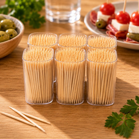Set de 6 Pots de 150 Cure Dents en Bois pour Apéritif, Cuisine et Usage Quotidien